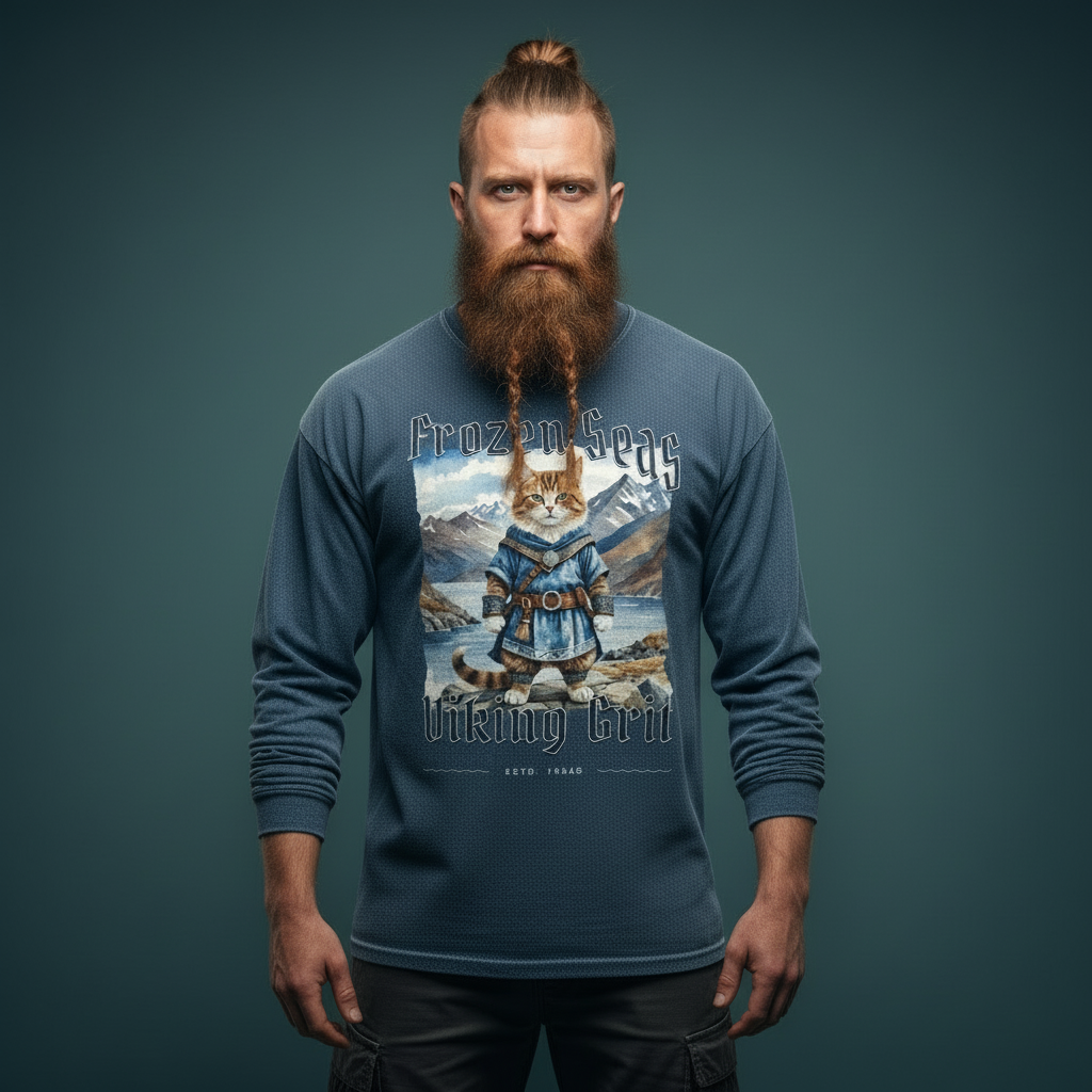 Cat Viking Grit Acid Wash Oversize Long Sleeve T-Shirt