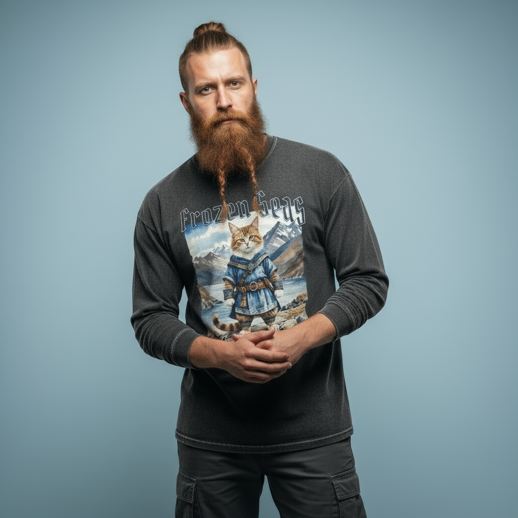 Cat Viking Grit Acid Wash Oversize Long Sleeve T-Shirt