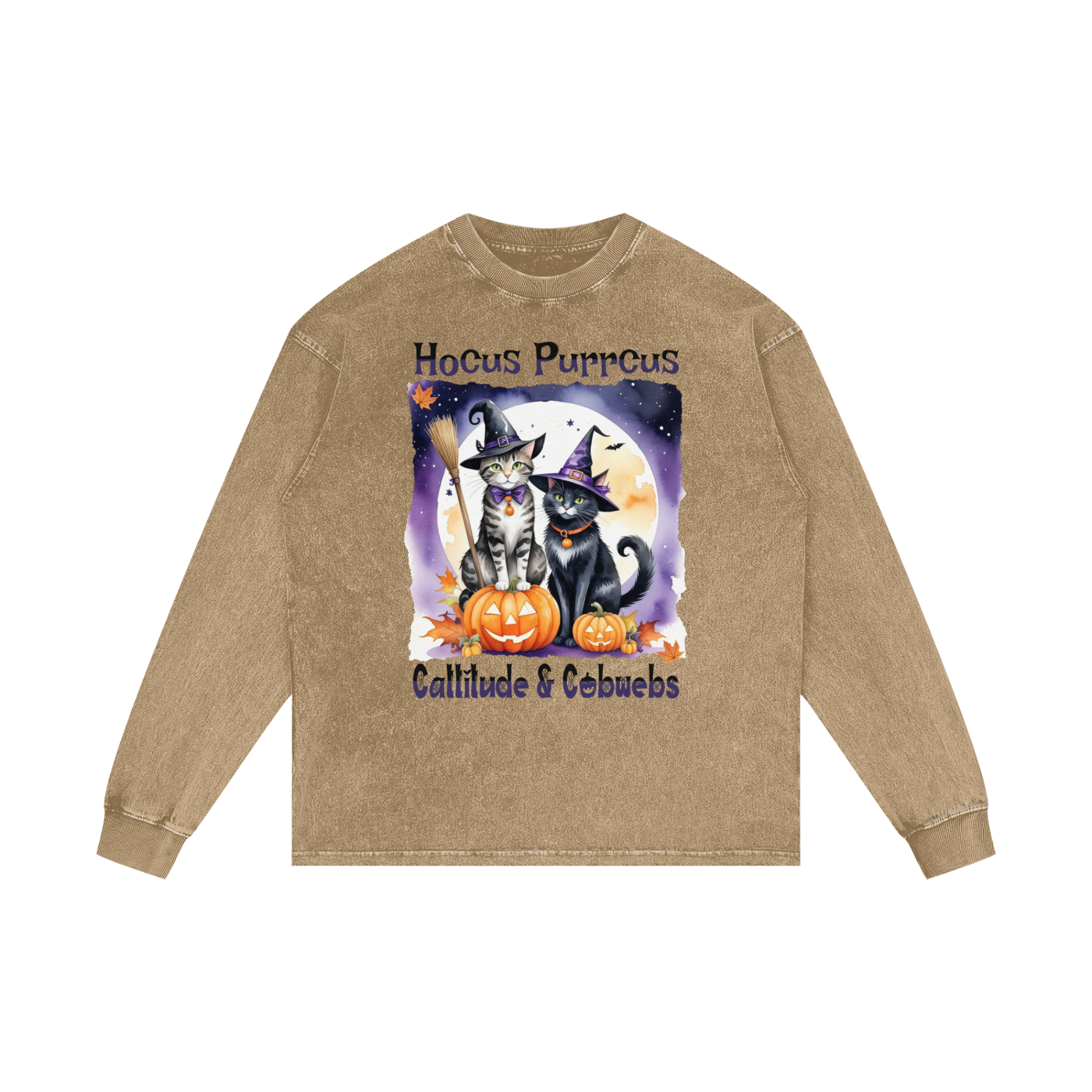 Beige sweatshirt with Halloween-themed graphic of two cats in hats and pumpkins on a white background.