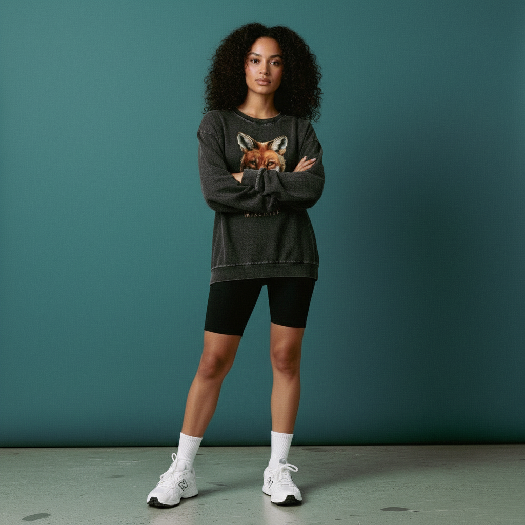 Maple Mischief Fox Acid Wash Oversize Long Sleeve T-Shirt