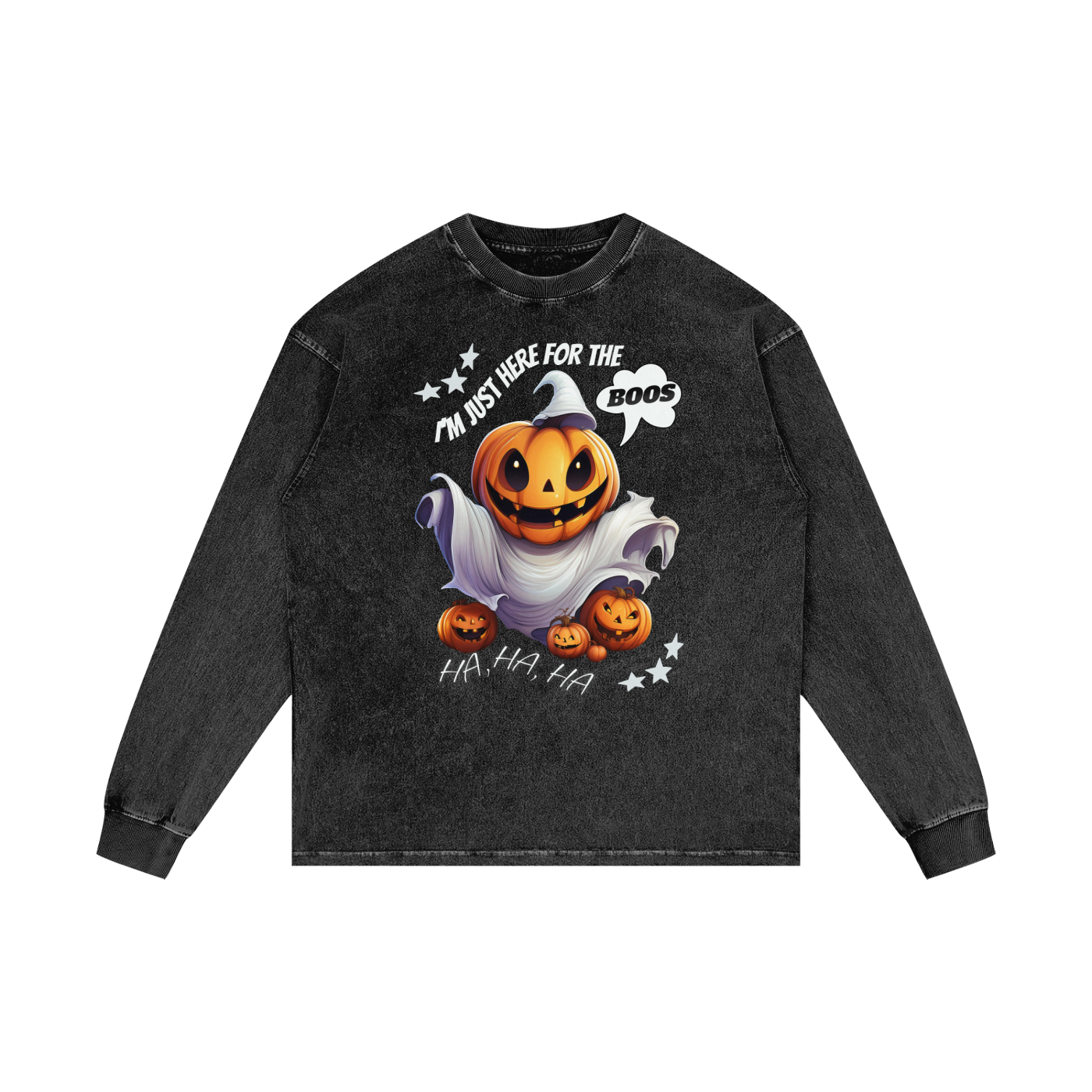 Black long-sleeve shirt with Halloween-themed graphic on a white background