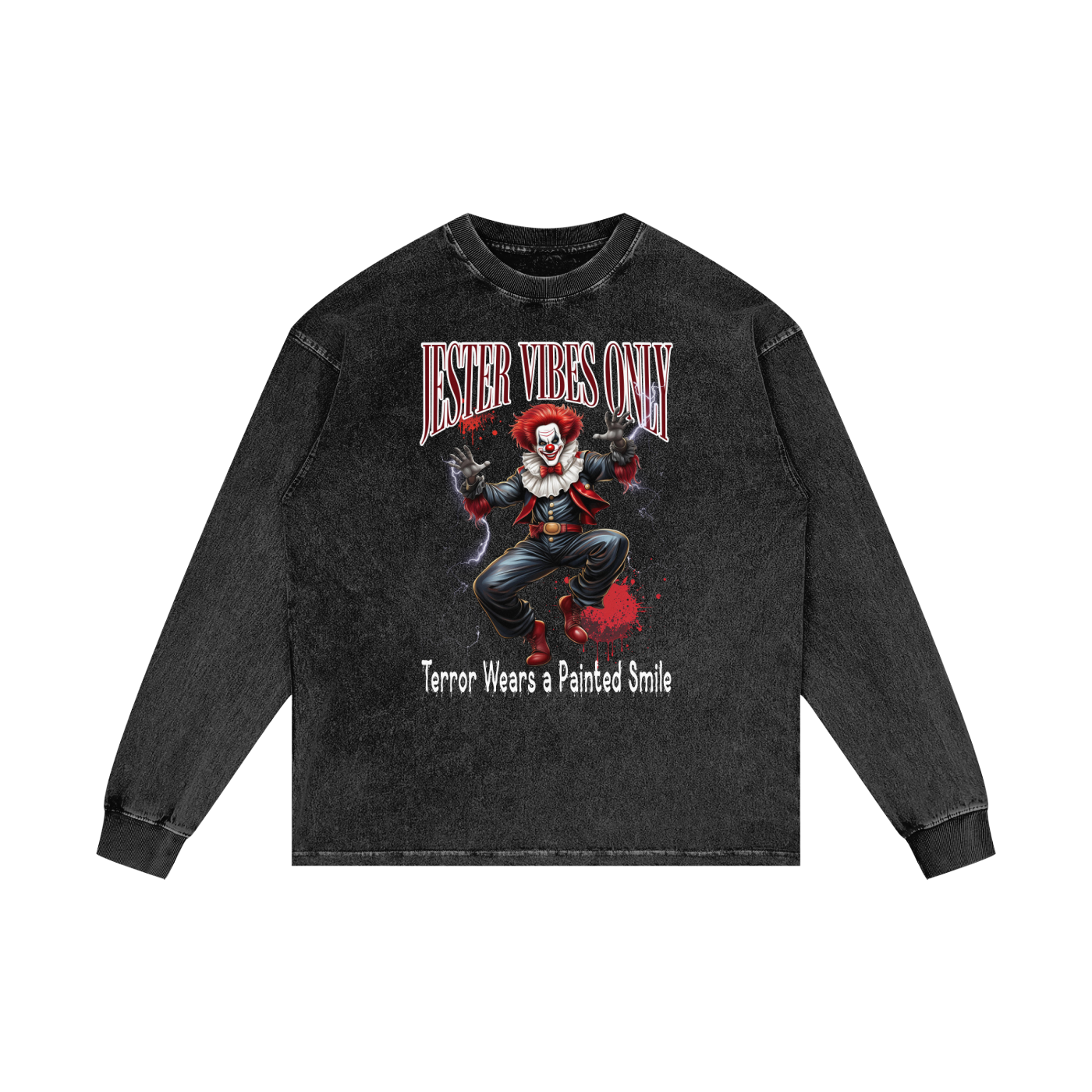 Black long-sleeve shirt with graphic design and text on a white background
