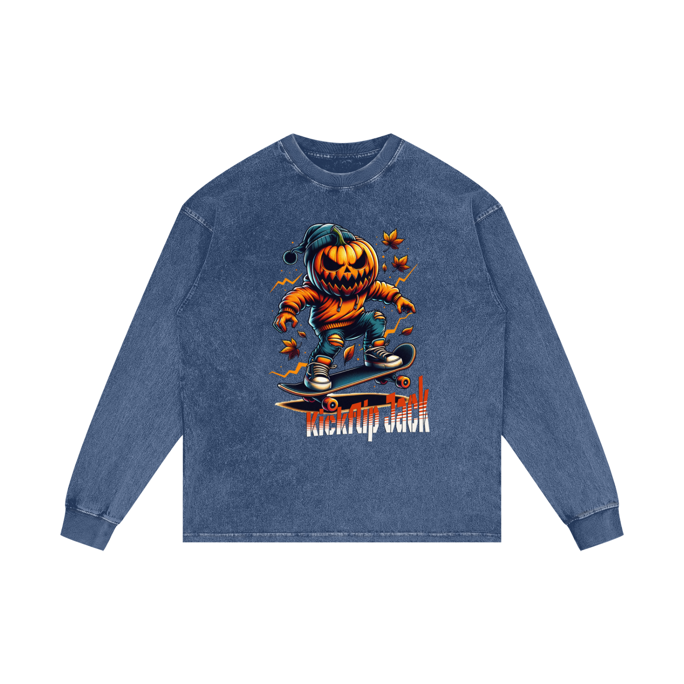 Blue long-sleeve shirt with a Halloween-themed design of a jack-o'-lantern on a skateboard.