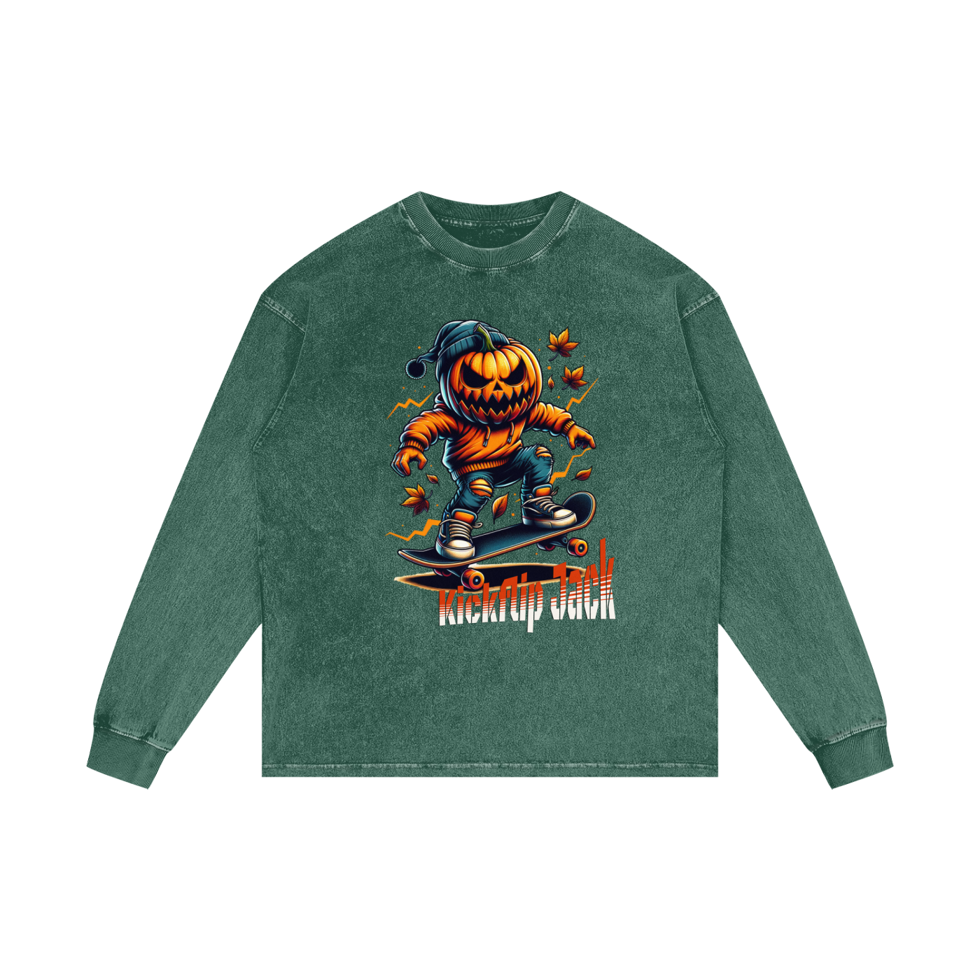 Green long-sleeve shirt with a Halloween-themed design of a jack-o'-lantern on a skateboard.