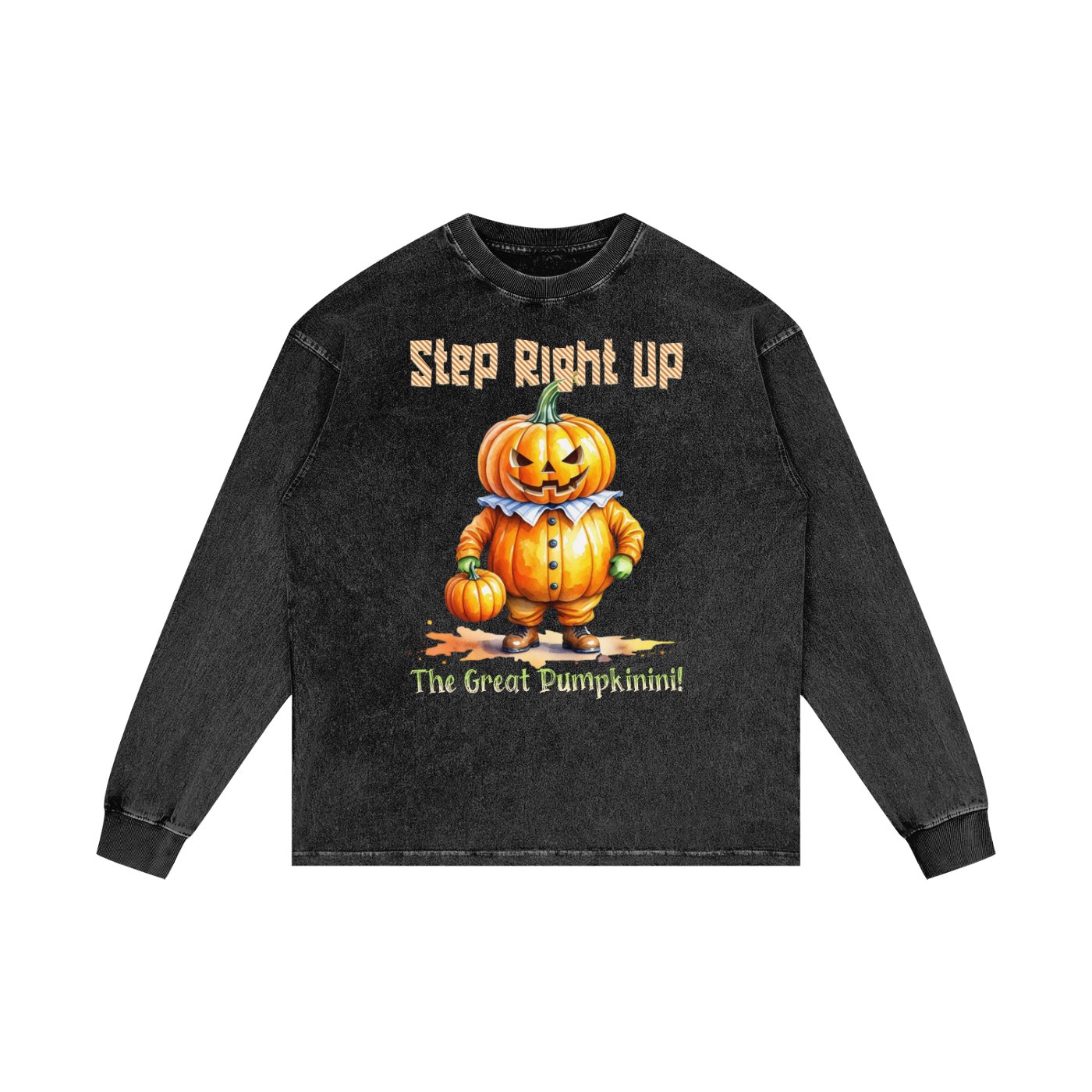 Black long-sleeve shirt with a pumpkin graphic and text on a white background
