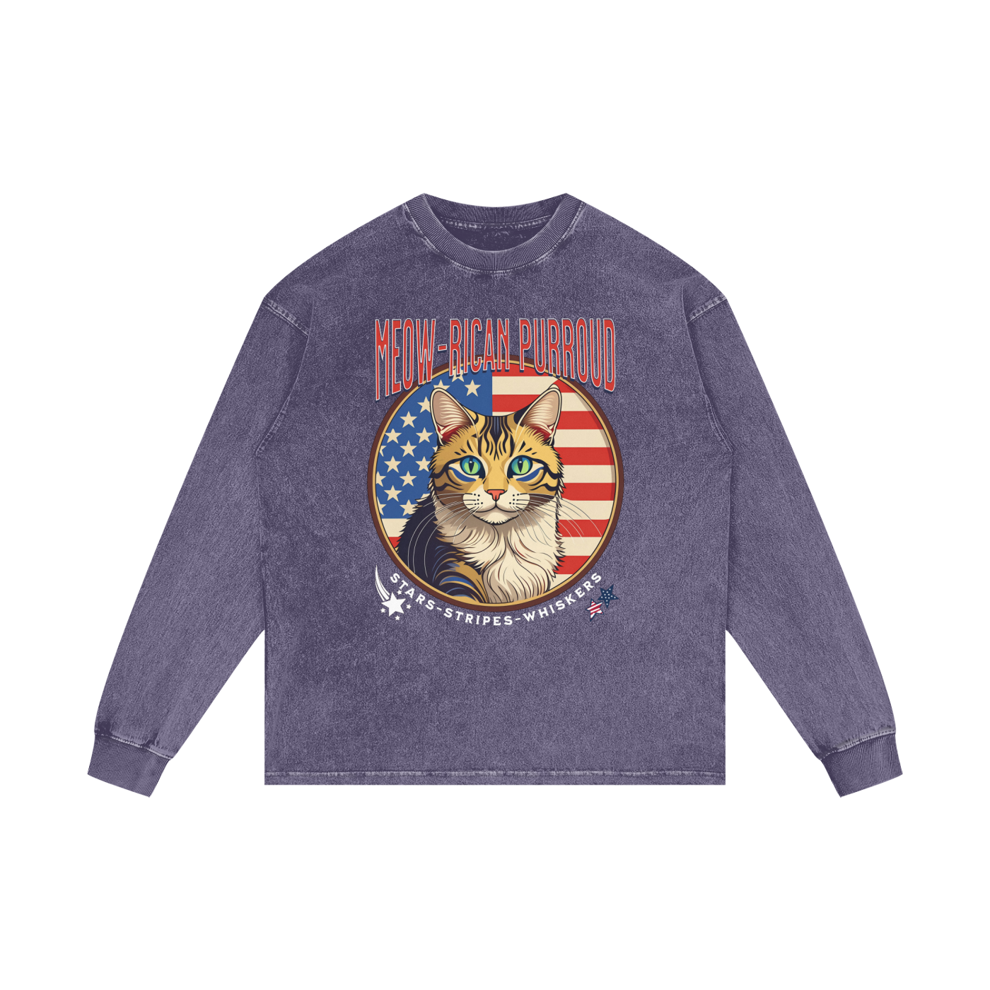 Meow-rican Purroud (American Pride) Acid Wash Oversize Long Sleeve T-Shirt