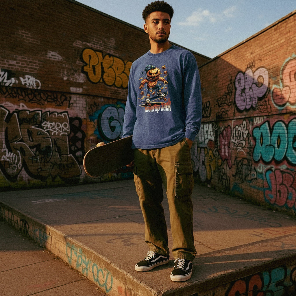Kickflip Jack Pumpkin Skateboard Acid Wash Oversize Long Sleeve T-Shirt