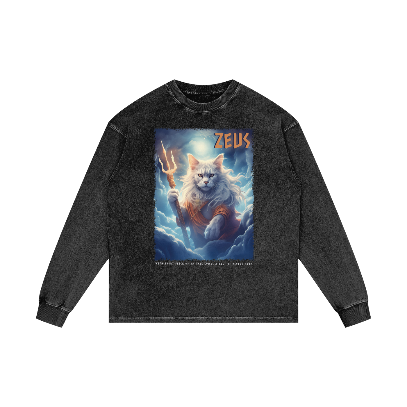 A black long-sleeved t-shirt with a graphic design depicting a cat holding a lightning bolt and the text "Zeus" above it.