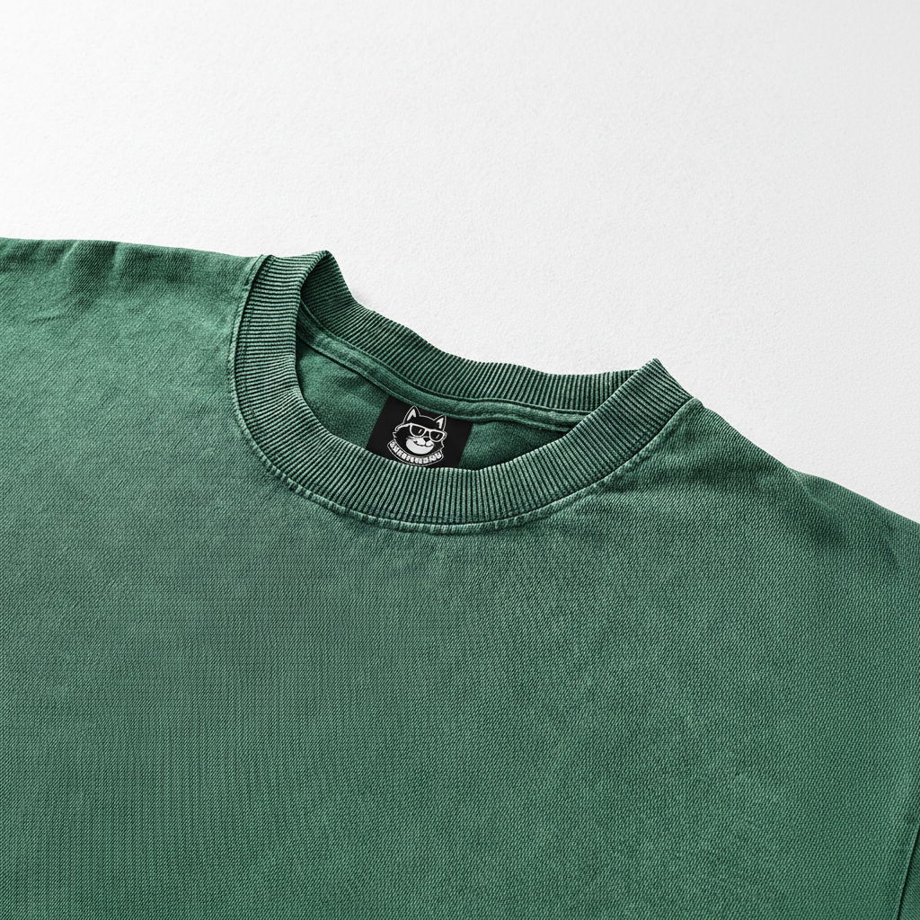 A green t-shirt with a collar and a small label on the collar.