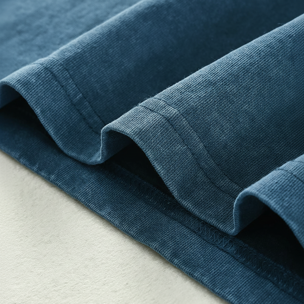 A close-up view of a blue fabric, possibly denim, with a folded crease and a white surface in the background.