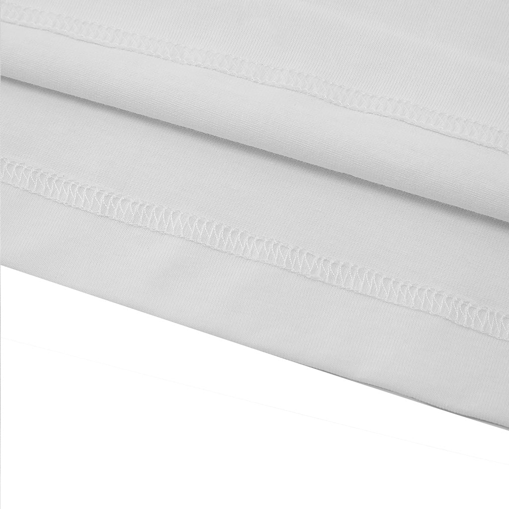 The image is a close-up of a white fabric with a simple, clean stitching pattern.