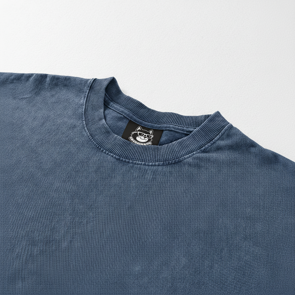 A blue t-shirt with a collar and a small label on the neckline.