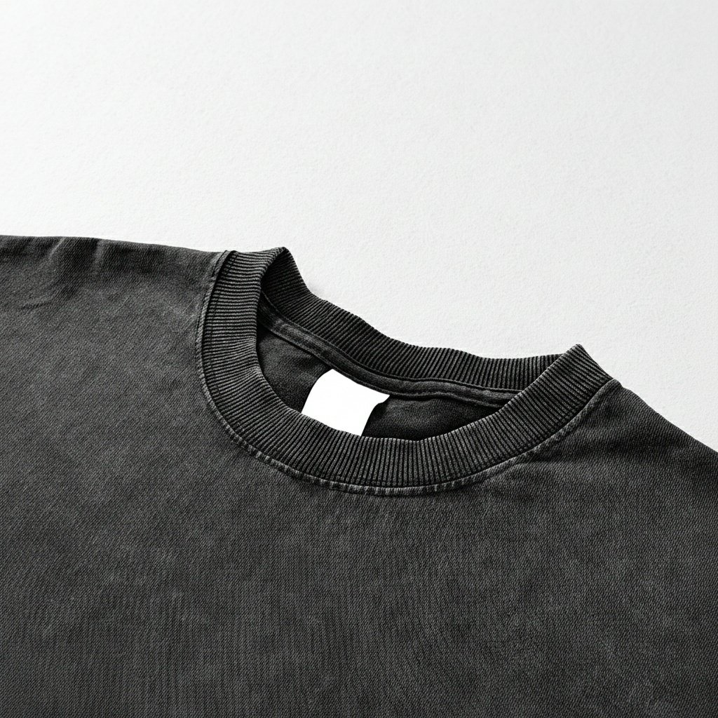 Close-up of a black shirt collar on a light gray background