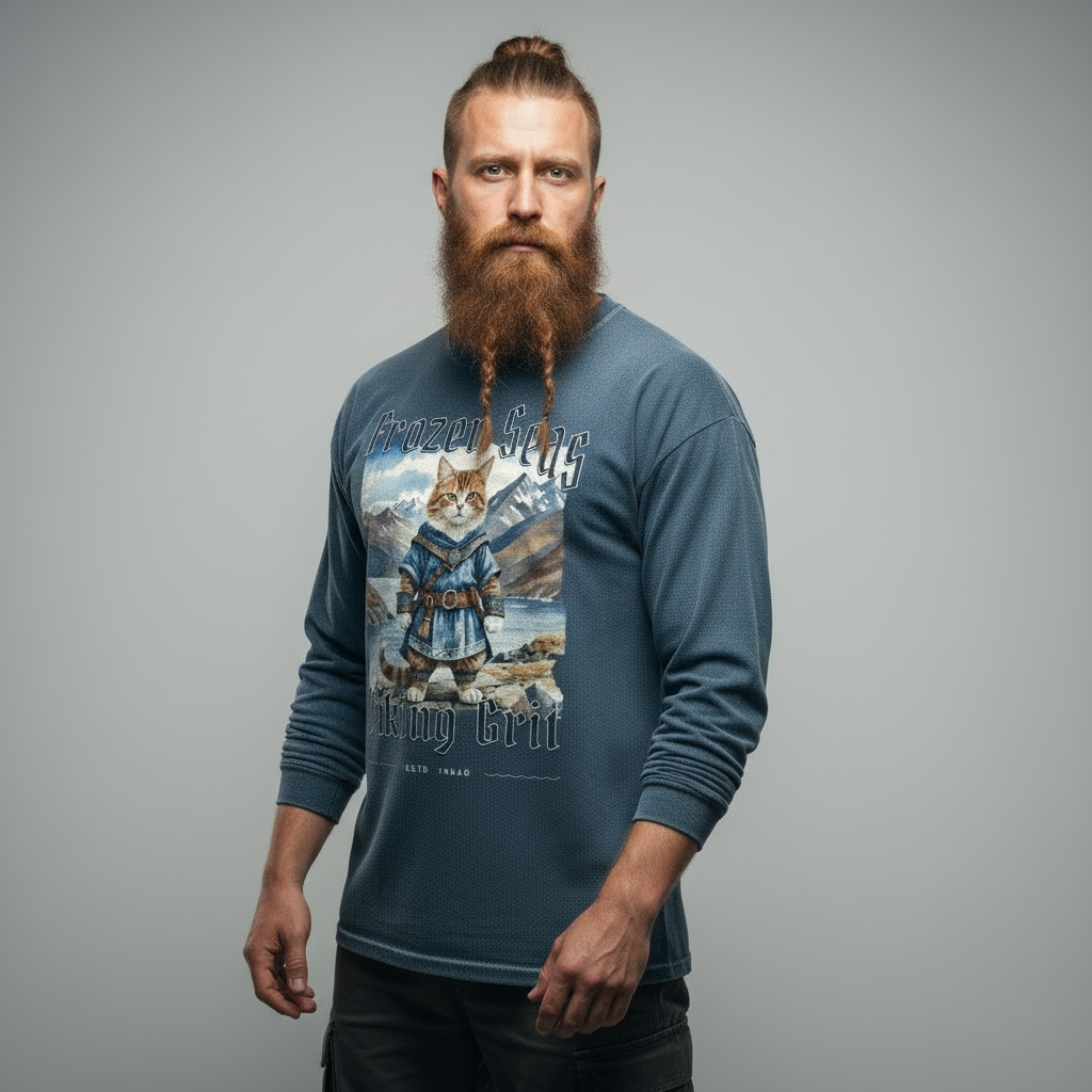 Cat Viking Grit Acid Wash Oversize Long Sleeve T-Shirt