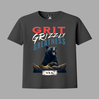Gray t-shirt with a bear graphic and text 'GRIT GRIZZLY GREATNESS' on a gray background
