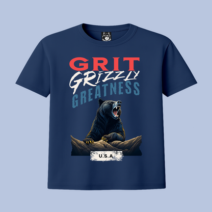 Navy blue t-shirt with a bear graphic and text on a light blue background