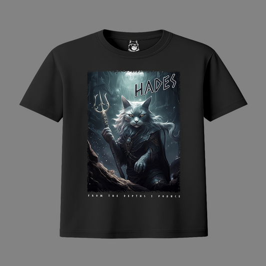 FROM THE DEPTHS I POUNCE, HADES, GREEK GOD CAT - Unisex Classic Crew Neck Cotton T-Shirt in Black