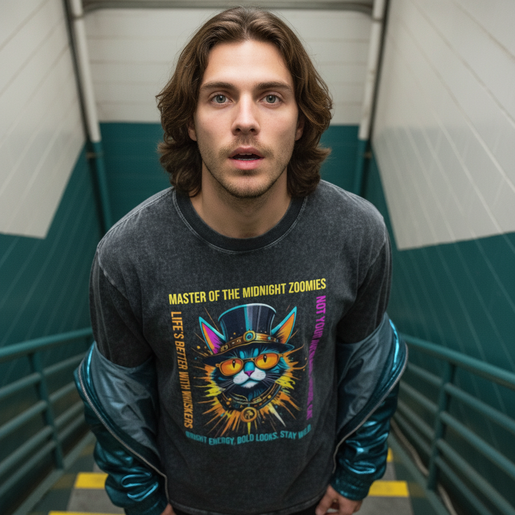 Zoomies Master Cat Acid Wash Oversize Long Sleeve T-Shirt