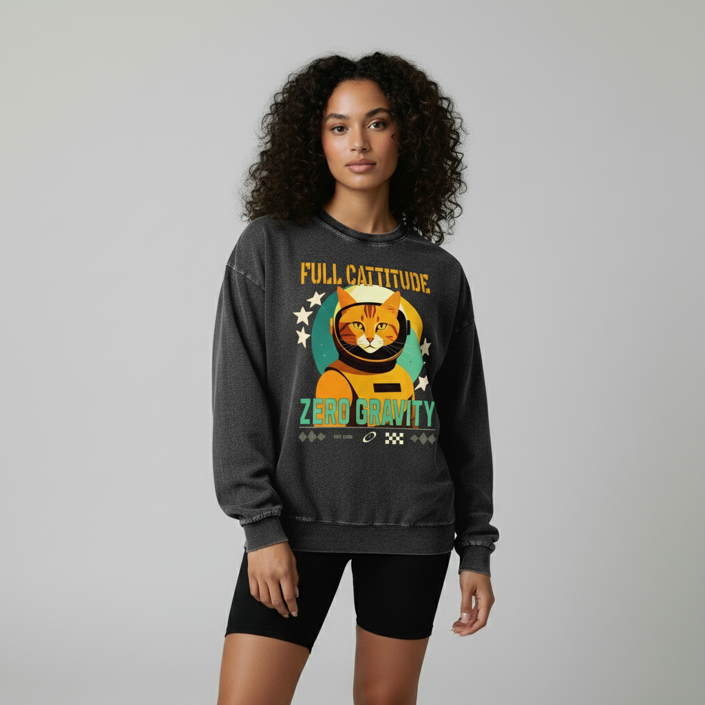 Full Cattitude Zero Gravity Acid Wash Oversize Long Sleeve T-Shirt