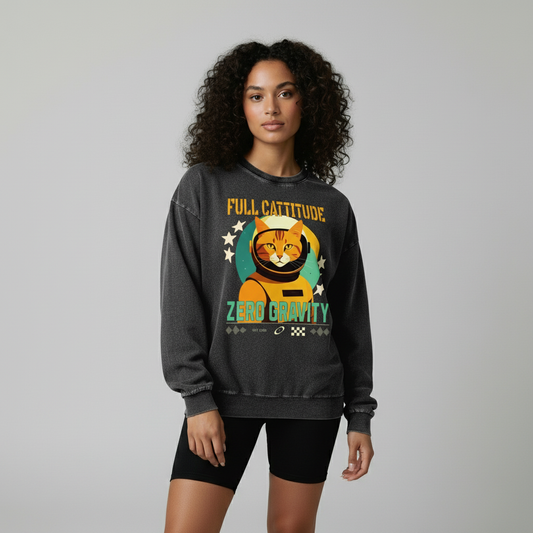 Full Cattitude Zero Gravity Acid Wash Oversize Long Sleeve T-Shirt