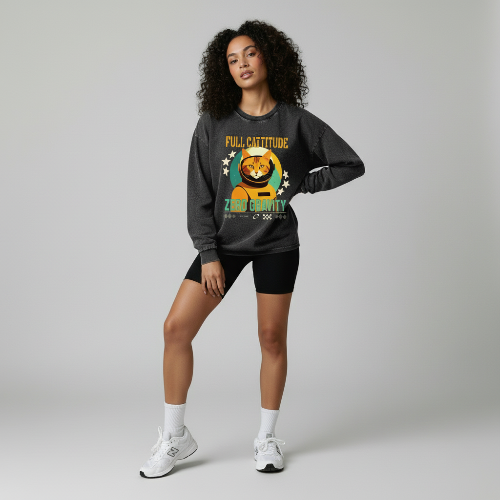 Full Cattitude Zero Gravity Acid Wash Oversize Long Sleeve T-Shirt