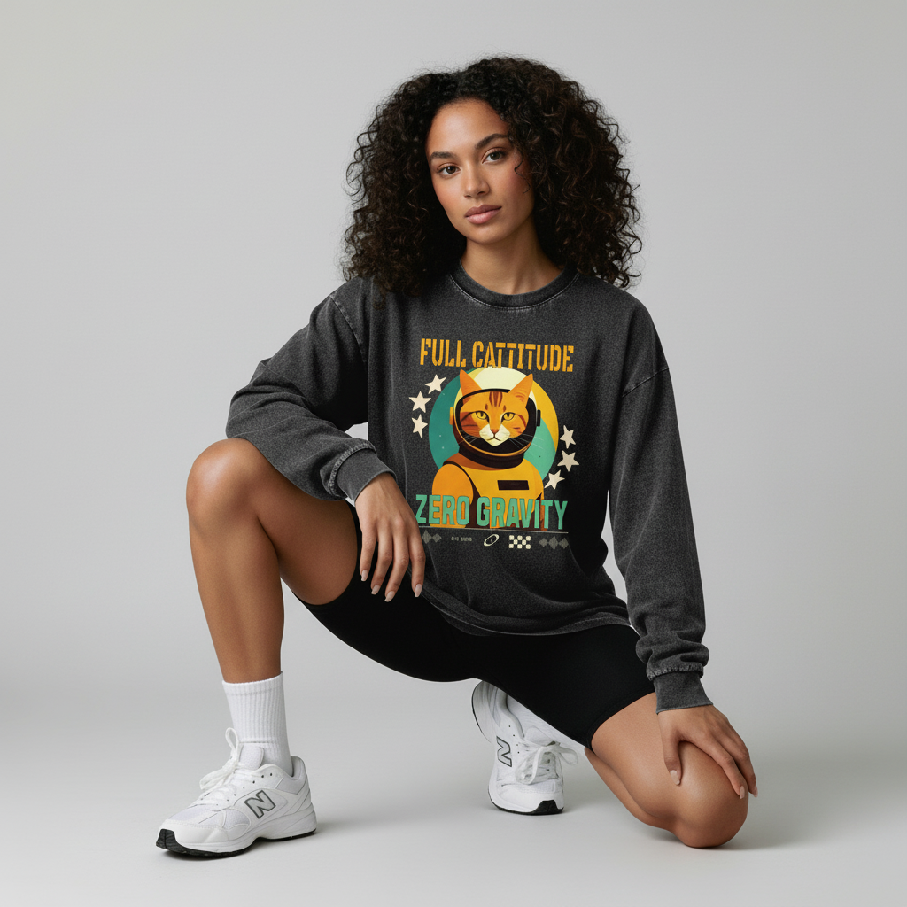Full Cattitude Zero Gravity Acid Wash Oversize Long Sleeve T-Shirt