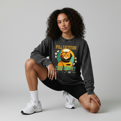 Full Cattitude Zero Gravity Acid Wash Oversize Long Sleeve T-Shirt