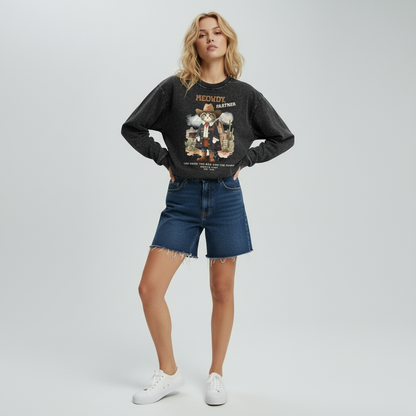 Meowdy Partner Cat Acid Wash Oversize Long Sleeve T-Shirt in Black