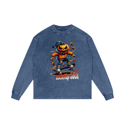 Blue long-sleeve shirt with a Halloween-themed design of a jack-o'-lantern on a skateboard.