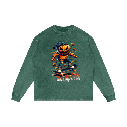 Green long-sleeve shirt with a Halloween-themed design of a jack-o'-lantern on a skateboard.