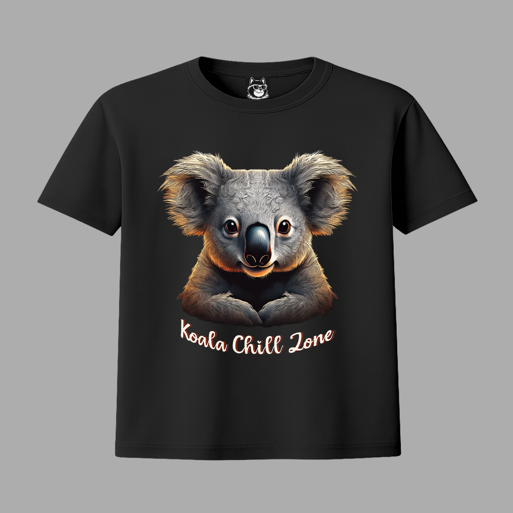 Black t-shirt with a koala graphic and 'Koala Chill Zone' text on a gray background