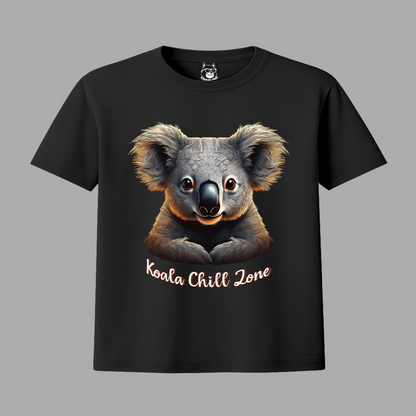 Black t-shirt with a koala graphic and 'Koala Chill Zone' text on a gray background