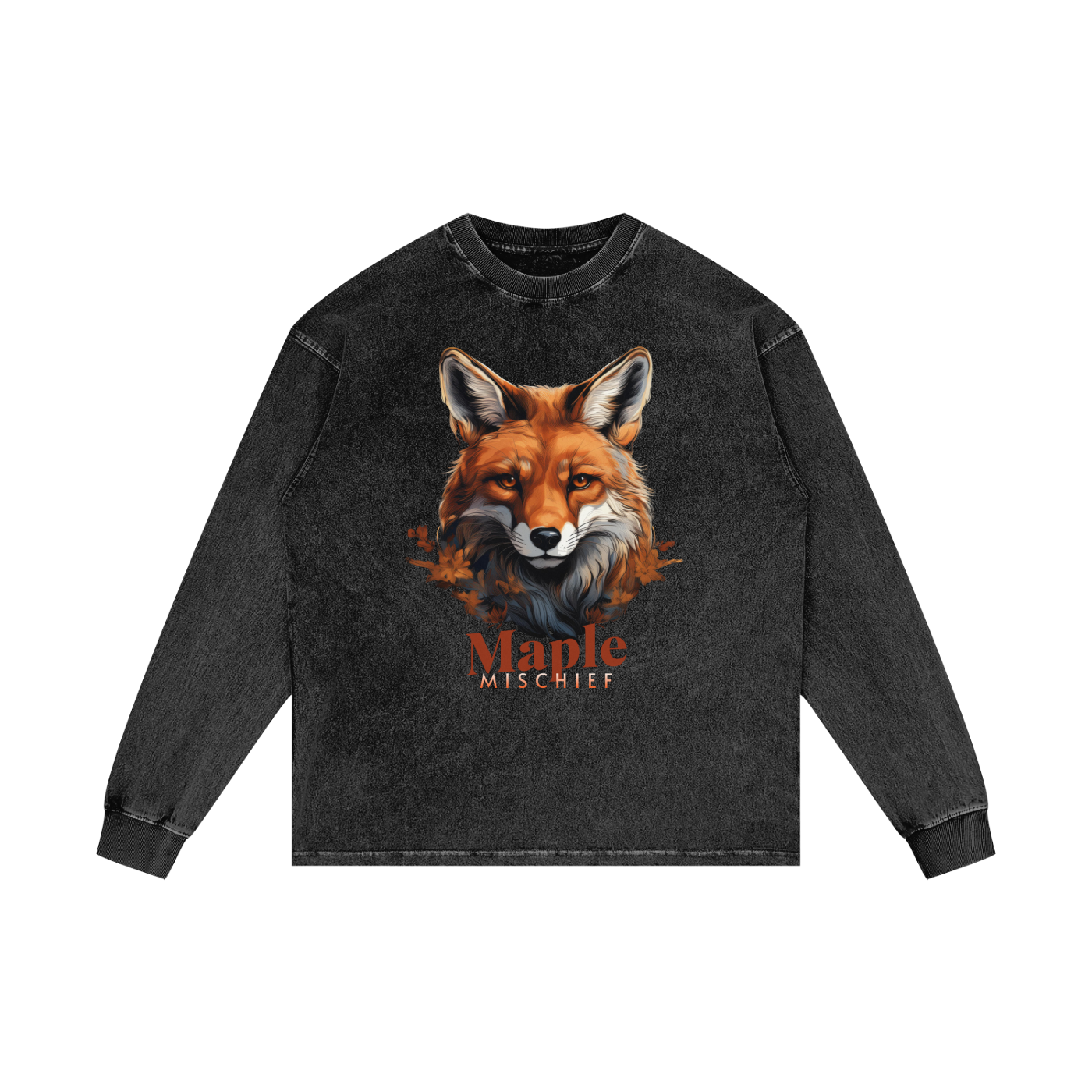 Black long-sleeve shirt with a fox graphic and 'Maple Mischief' text on a white background