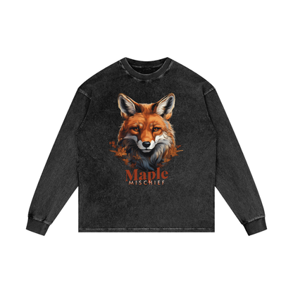 Black long-sleeve shirt with a fox graphic and 'Maple Mischief' text on a white background