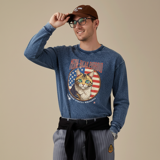 Meow-rican Purroud (American Pride) Acid Wash Oversize Long Sleeve T-Shirt