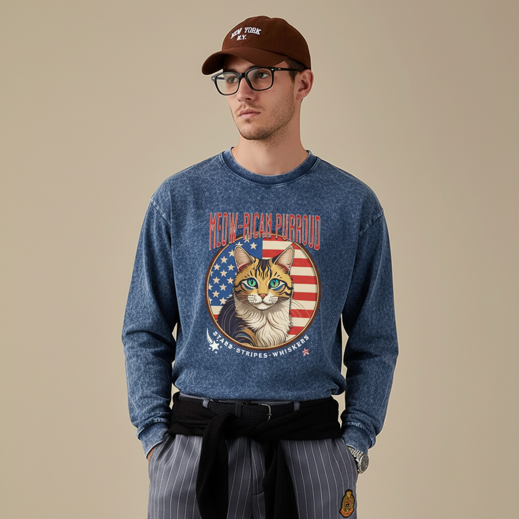 Meow-rican Purroud (American Pride) Acid Wash Oversize Long Sleeve T-Shirt