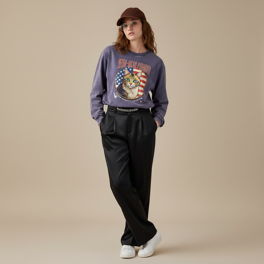 Meow-rican Purroud (American Pride) Acid Wash Oversize Long Sleeve T-Shirt