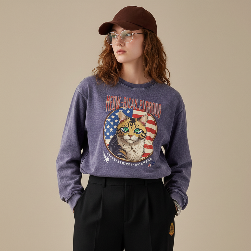 Meow-rican Purroud (American Pride) Acid Wash Oversize Long Sleeve T-Shirt