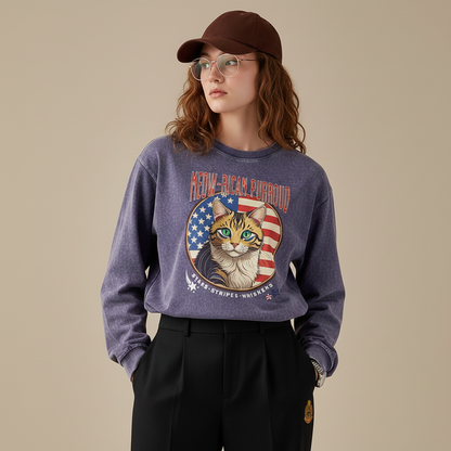 Meow-rican Purroud (American Pride) Acid Wash Oversize Long Sleeve T-Shirt