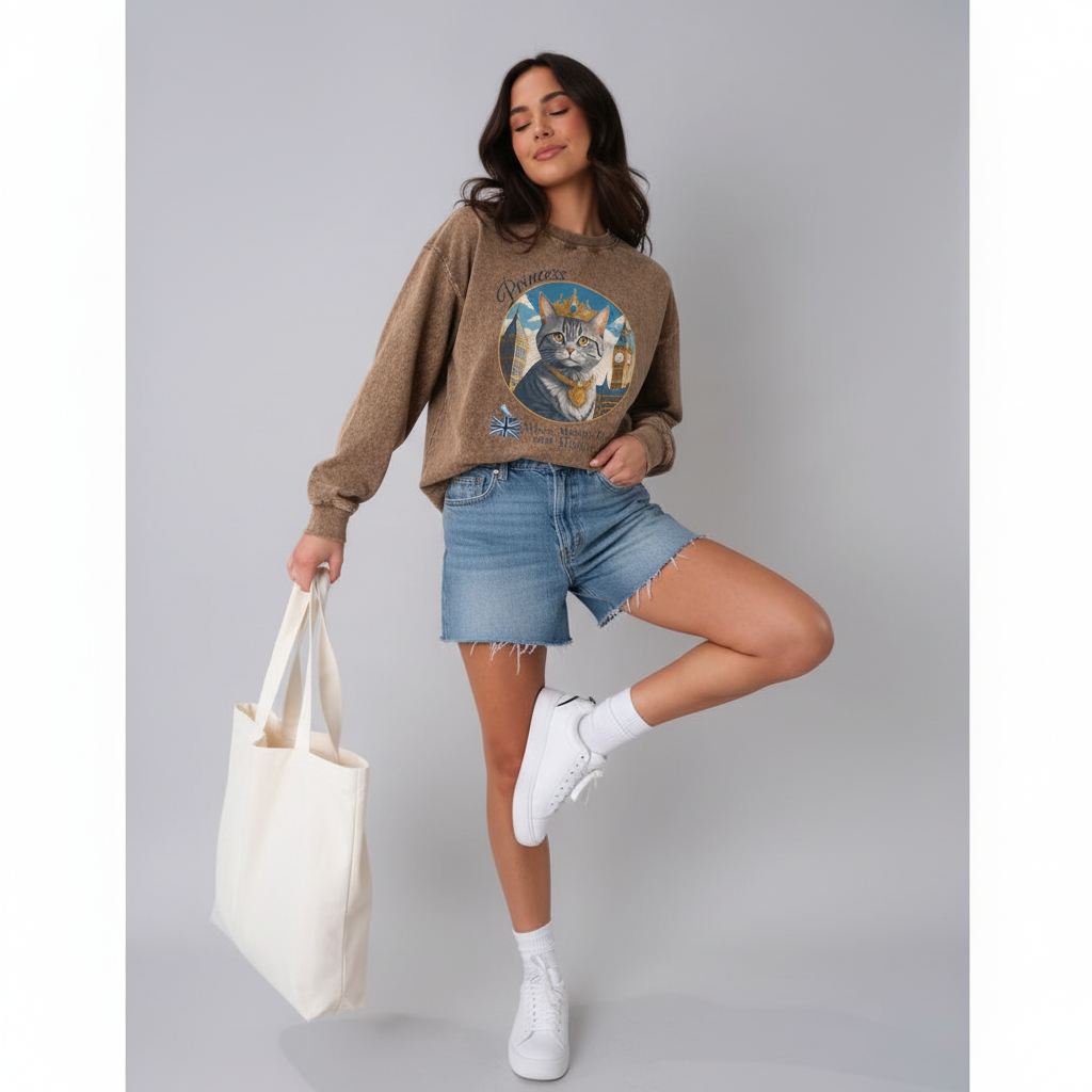 Woman wearing a brown sweatshirt with a graphic design, denim shorts, and white sneakers, holding a white tote bag.