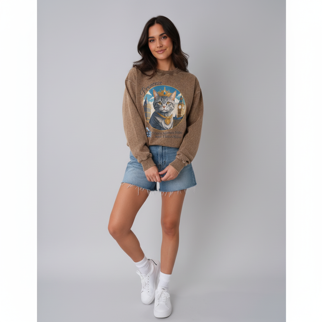 Woman wearing a brown sweater with a cat graphic, denim shorts, and white sneakers on a gray background