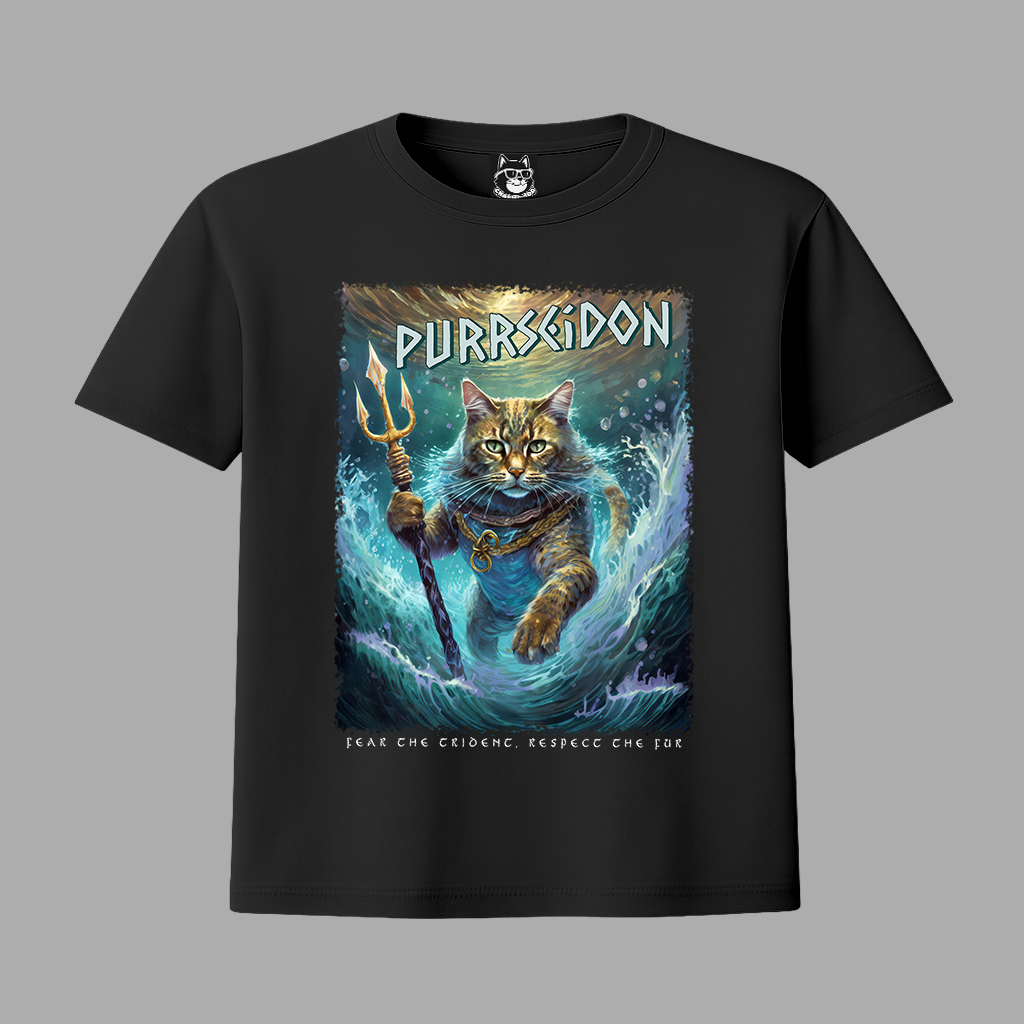 FEAR THE TRIDENT, PURRSEIDON, GREEK GOD CAT - Unisex Classic Crew Neck Cotton T-Shirt in Black, Navy & Dark Gray