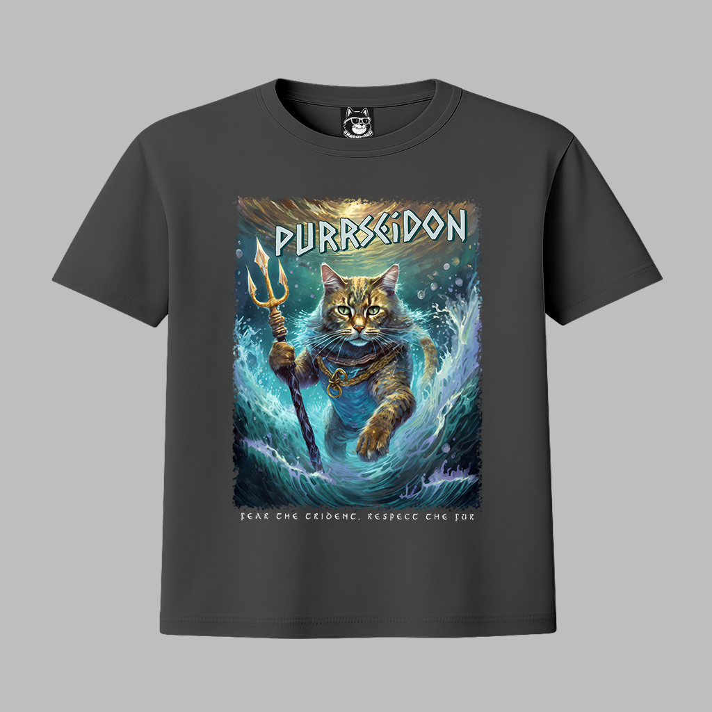 FEAR THE TRIDENT, PURRSEIDON, GREEK GOD CAT - Unisex Classic Crew Neck Cotton T-Shirt in Black, Navy & Dark Gray