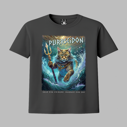 FEAR THE TRIDENT, PURRSEIDON, GREEK GOD CAT - Unisex Classic Crew Neck Cotton T-Shirt in Black, Navy & Dark Gray