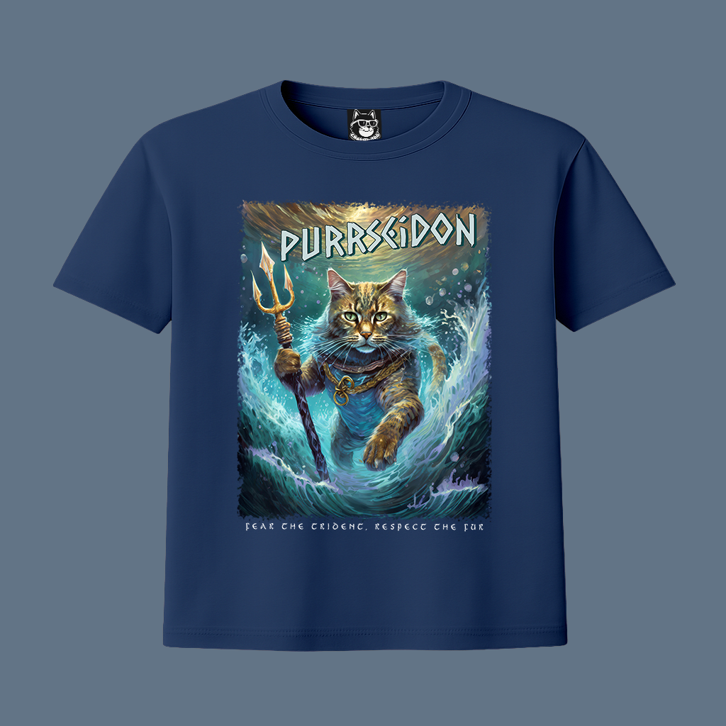FEAR THE TRIDENT, PURRSEIDON, GREEK GOD CAT - Unisex Classic Crew Neck Cotton T-Shirt in Black, Navy & Dark Gray