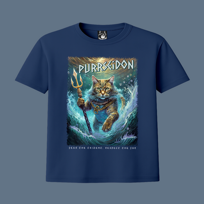 FEAR THE TRIDENT, PURRSEIDON, GREEK GOD CAT - Unisex Classic Crew Neck Cotton T-Shirt in Black, Navy & Dark Gray