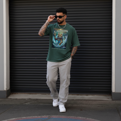 Man wearing a green t-shirt with a graphic design, light gray pants, and white sneakers standing in front of a black shutter.