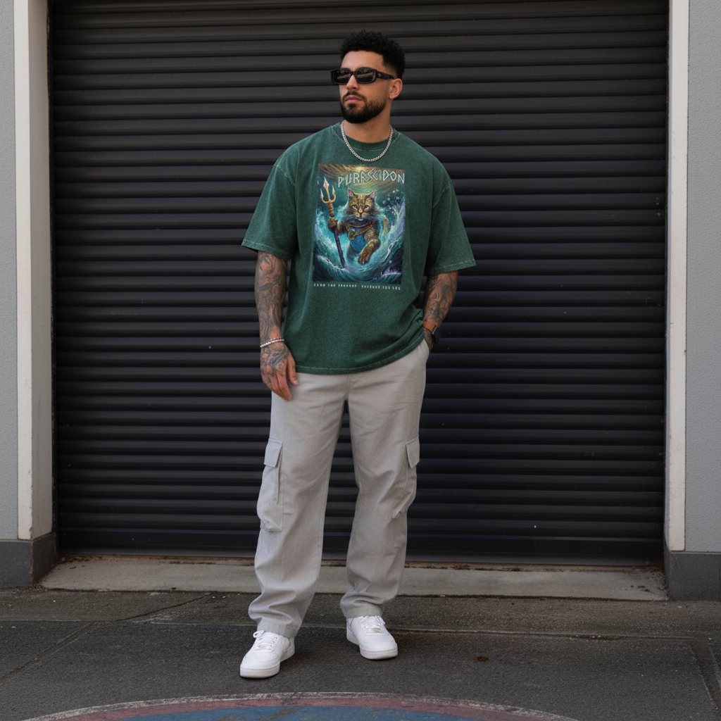 Man wearing a green graphic t-shirt and light gray pants standing in front of a black metal shutter.