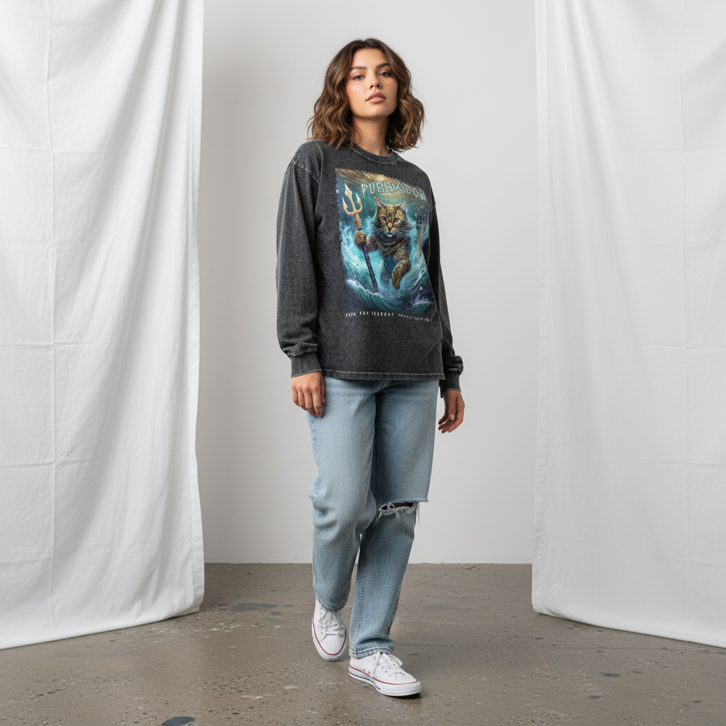 Person wearing a graphic sweatshirt and jeans standing against a plain background