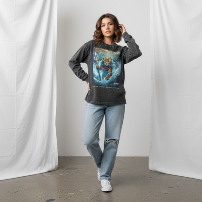 Woman wearing a graphic sweatshirt with a design of a cat holding a trident, standing against a plain background.